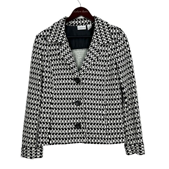Chicos Womens Size 1 Black White Abstract Button Up Collar Jacket Pockets T1 - Picture 1 of 12